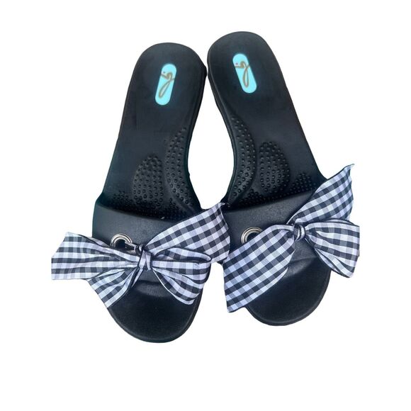 Oka-B Bow Embellished Slides Madison Slide Sandals with Gingham Bows Black and W - Picture 2 of 9